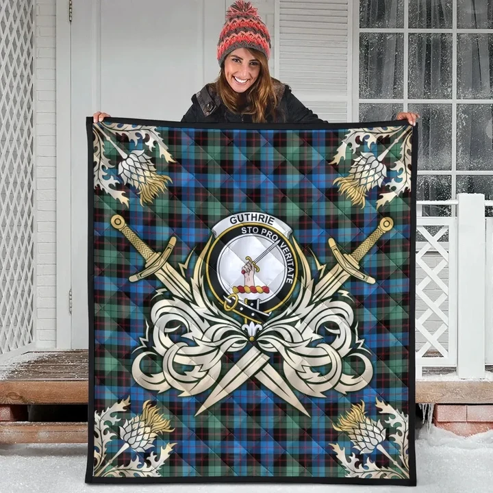 Guthrie Ancient Clan Crest Tartan Scotland Thistle Symbol Gold Royal Premium Quilt