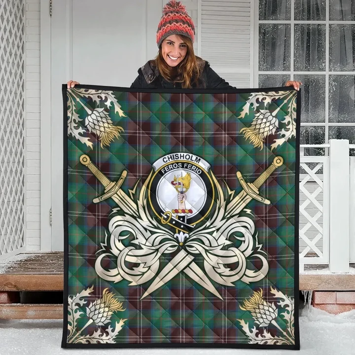 Chisholm Hunting Ancient Clan Crest Tartan Scotland Thistle Symbol Gold Royal Premium Quilt K32