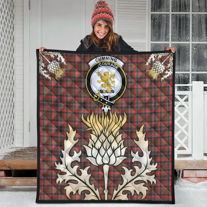 Cumming Hunting Weathered Clan Crest Tartan Scotland Thistle Gold Royal Premium Quilt K32