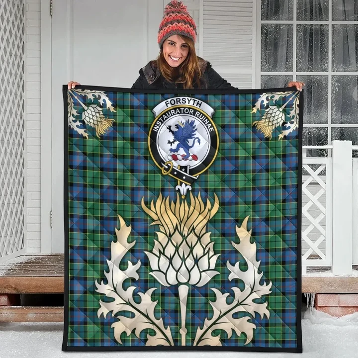 Forsyth Ancient Clan Crest Tartan Scotland Thistle Gold Royal Premium Quilt