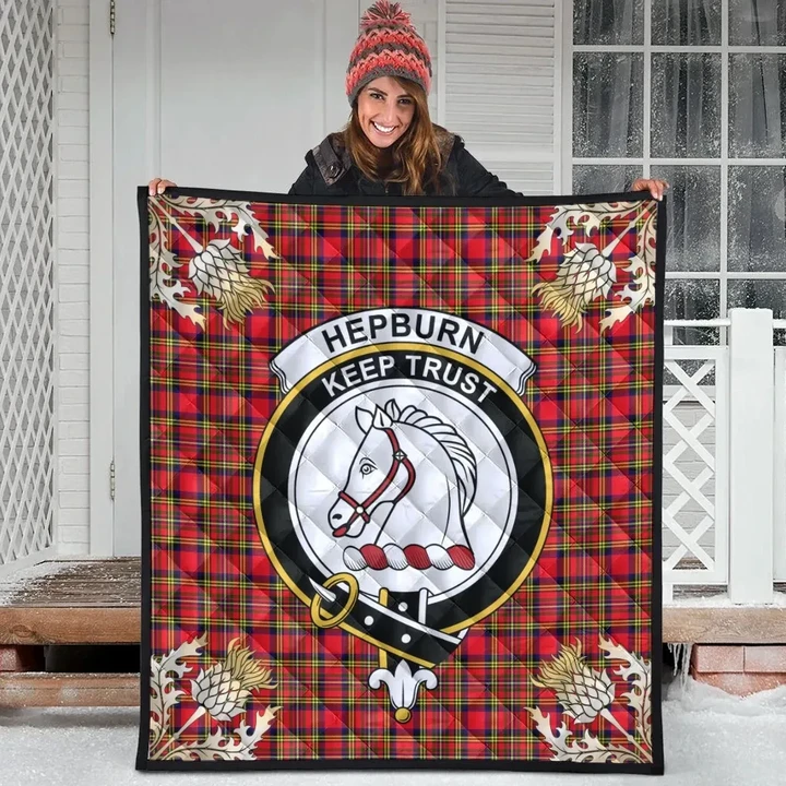Hepburn Clan Crest Tartan Scotland Thistle Gold Pattern Premium Quilt
