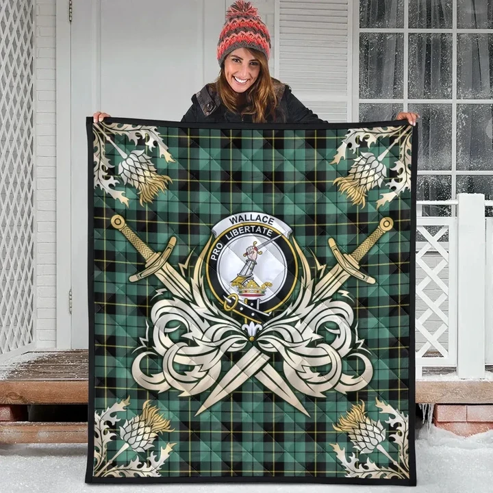 Wallace Hunting Ancient Clan Crest Tartan Scotland Thistle Symbol Gold Royal Premium Quilt
