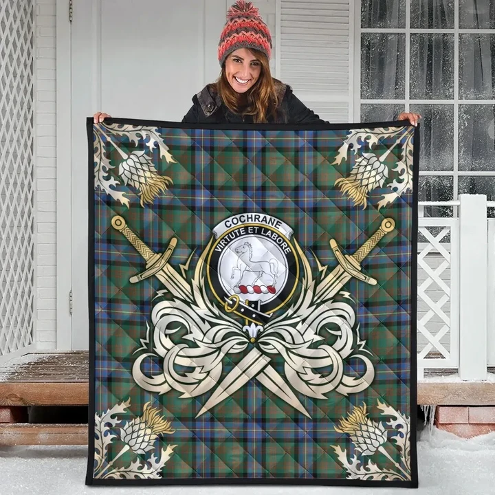 Cochrane Ancient Clan Crest Tartan Scotland Thistle Symbol Gold Royal Premium Quilt K32
