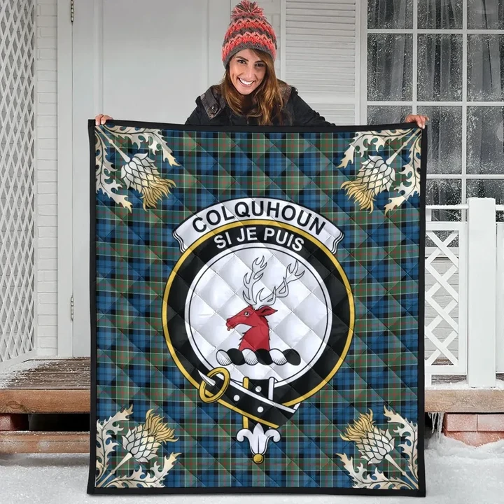 Colquhoun Ancient Clan Crest Tartan Scotland Thistle Gold Pattern Premium Quilt K32