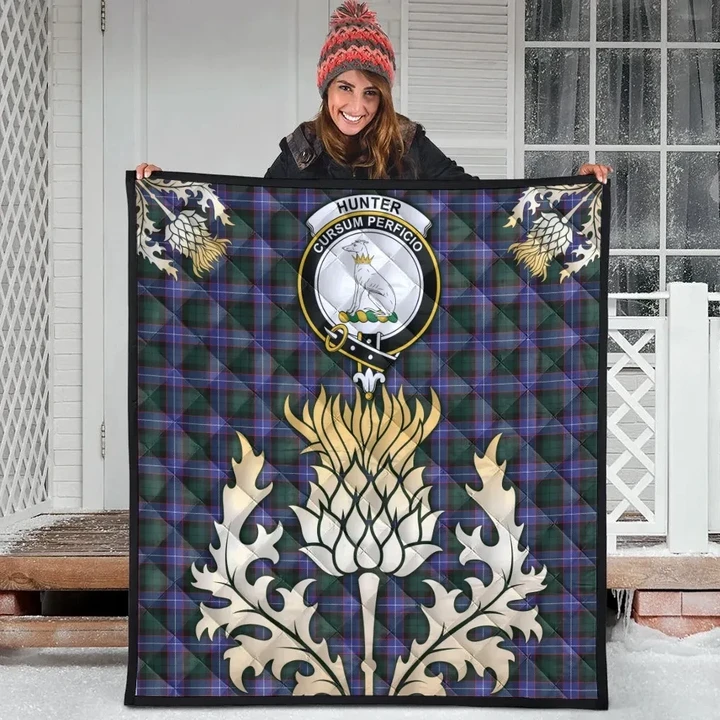 Hunter Modern Clan Crest Tartan Scotland Thistle Gold Royal Premium Quilt