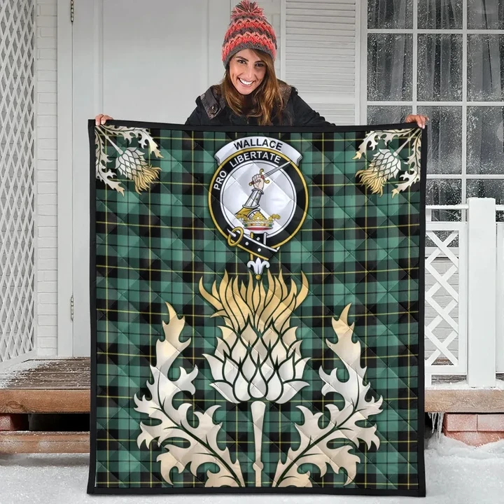 Wallace Hunting Ancient Clan Crest Tartan Scotland Thistle Gold Royal Premium Quilt