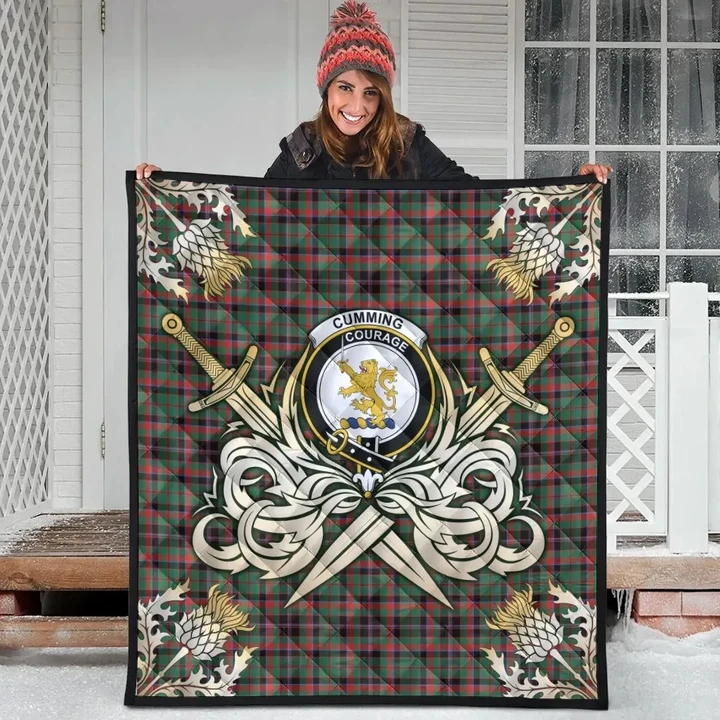 Cumming Hunting Ancient Clan Crest Tartan Scotland Thistle Symbol Gold Royal Premium Quilt K32