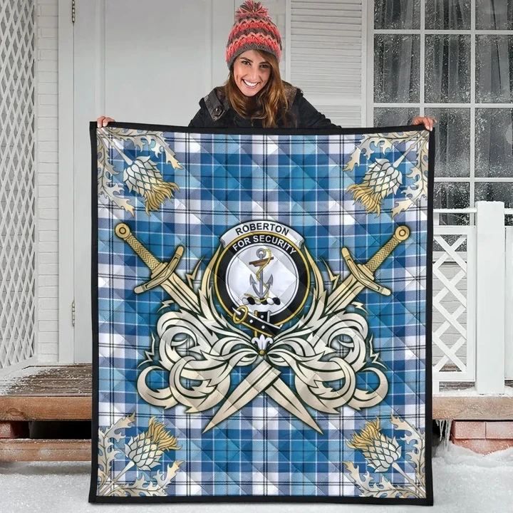 Roberton Clan Crest Tartan Scotland Thistle Symbol Gold Royal Premium Quilt