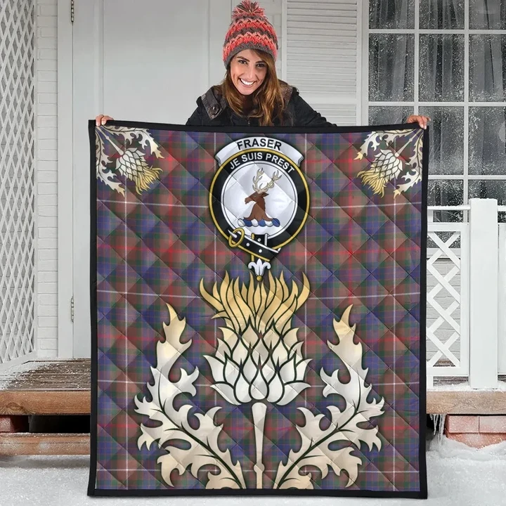 Fraser Hunting Modern Clan Crest Tartan Scotland Thistle Gold Royal Premium Quilt