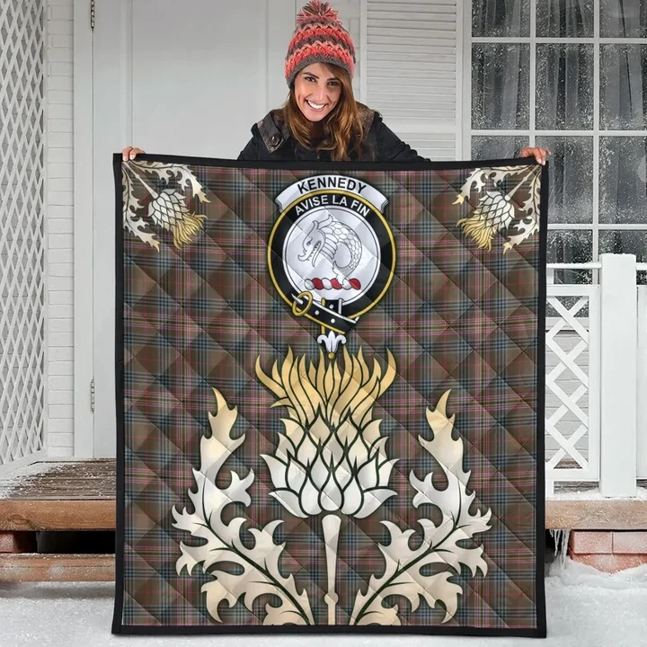 Kennedy Weathered Clan Crest Tartan Scotland Thistle Gold Royal Premium Quilt