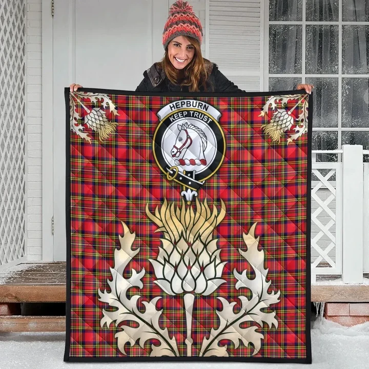 Hepburn Clan Crest Tartan Scotland Thistle Gold Royal Premium Quilt