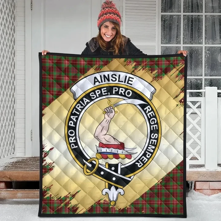 Ainslie Clan Crest Tartan Scotland Gold Royal Quilt K32