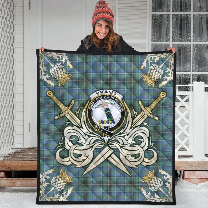 MacInnes Ancient Clan Crest Tartan Scotland Thistle Symbol Gold Royal Premium Quilt