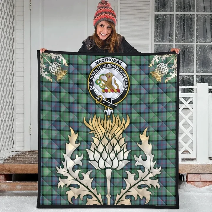 MacThomas Ancient Clan Crest Tartan Scotland Thistle Gold Royal Premium Quilt