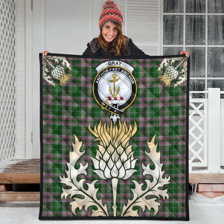 Gray Hunting Clan Crest Tartan Scotland Thistle Gold Royal Premium Quilt