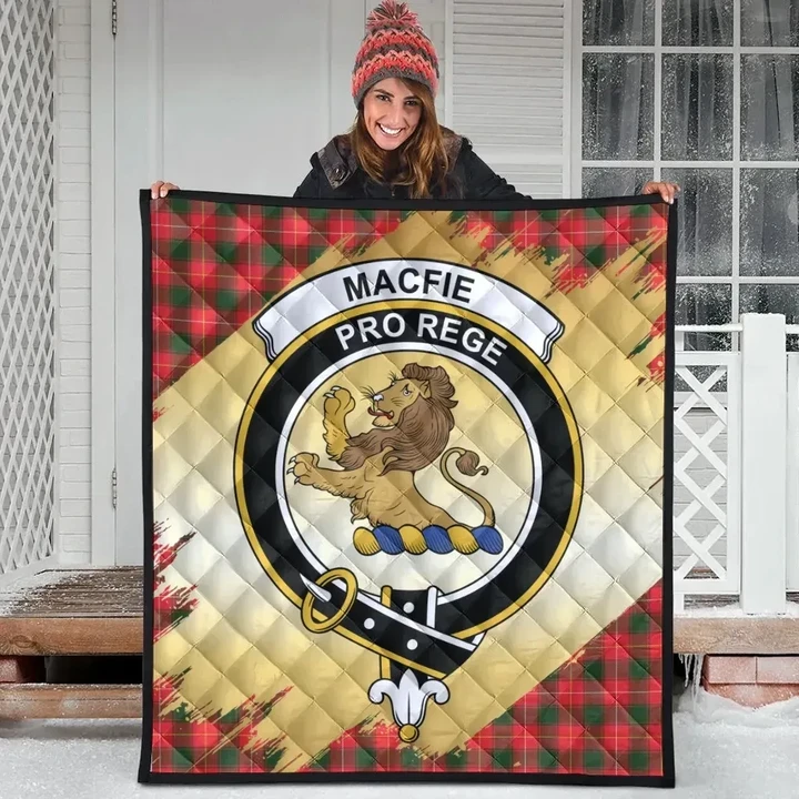 MacFie Clan Crest Tartan Scotland Gold Royal Premium Quilt