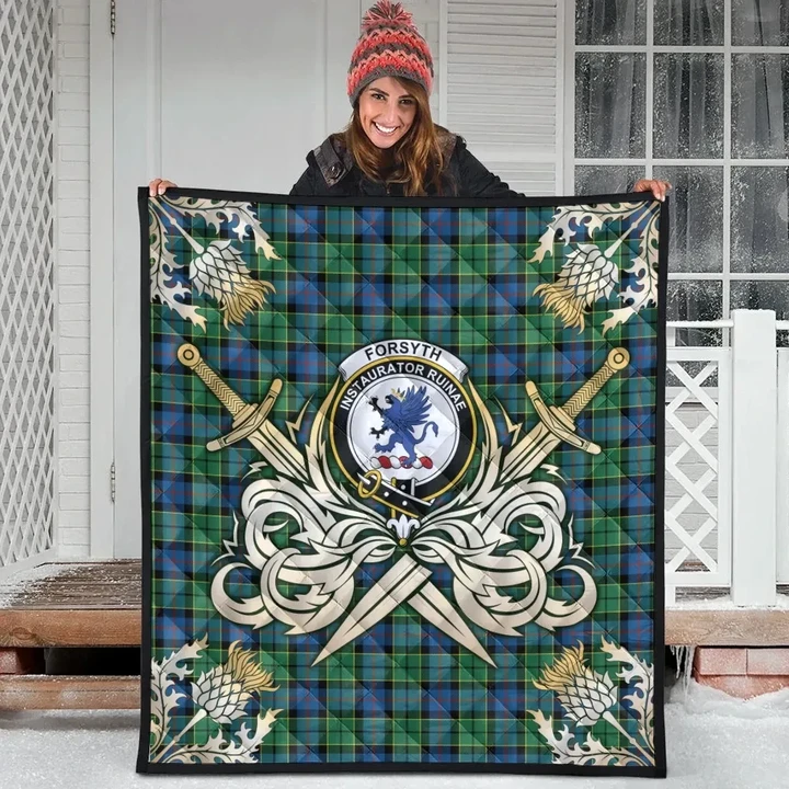 Forsyth Ancient Clan Crest Tartan Scotland Thistle Symbol Gold Royal Premium Quilt