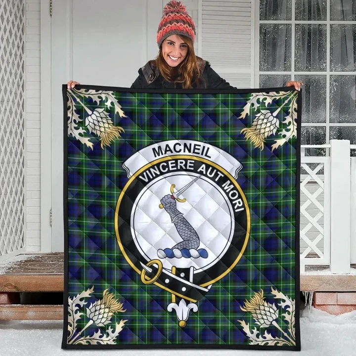 MacNeil of Colonsay Modern Clan Crest Tartan Scotland Thistle Gold Pattern Premium Quilt