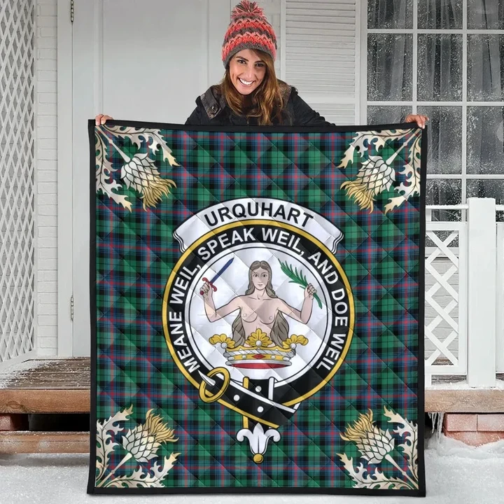 Urquhart Broad Red Ancient Clan Crest Tartan Scotland Thistle Gold Pattern Premium Quilt
