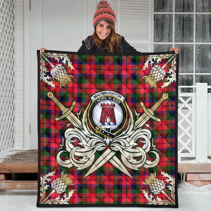 MacNaughton Modern Clan Crest Tartan Scotland Thistle Symbol Gold Royal Premium Quilt