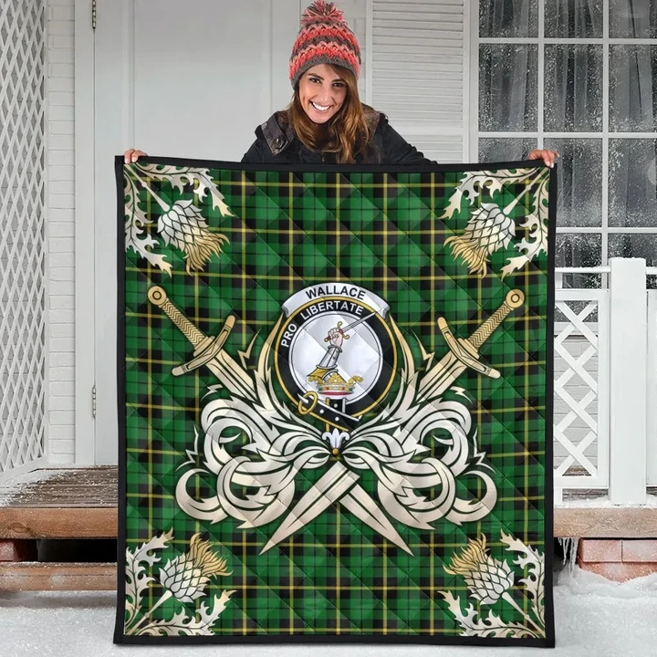 Wallace Hunting Green Clan Crest Tartan Scotland Thistle Symbol Gold Royal Premium Quilt