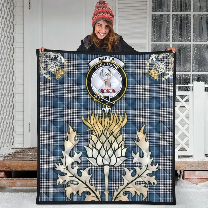 Napier Modern Clan Crest Tartan Scotland Thistle Gold Royal Premium Quilt