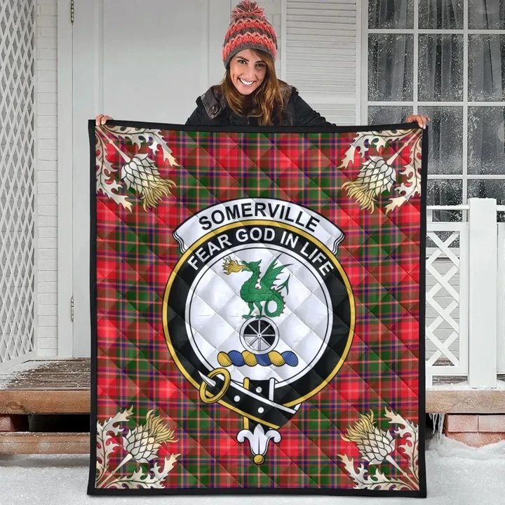 Somerville Modern Clan Crest Tartan Scotland Thistle Gold Pattern Premium Quilt