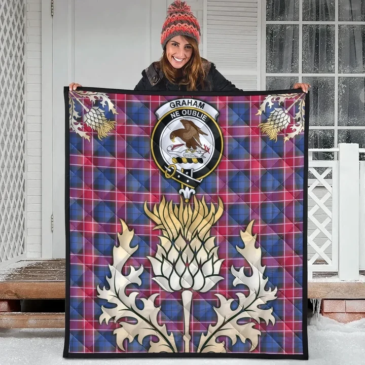 Graham of Menteith Red Clan Crest Tartan Scotland Thistle Gold Royal Premium Quilt