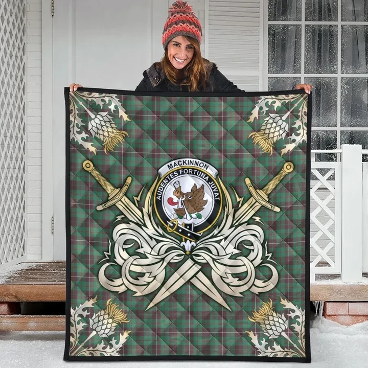 MacKinnon Hunting Ancient Clan Crest Tartan Scotland Thistle Symbol Gold Royal Premium Quilt