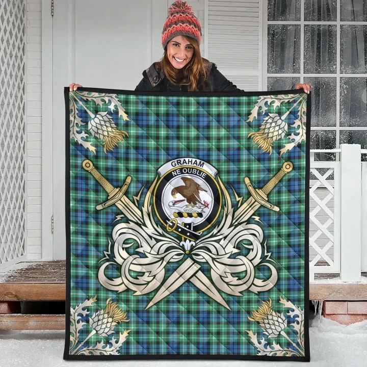 Graham of Montrose Ancient Clan Crest Tartan Scotland Thistle Symbol Gold Royal Premium Quilt