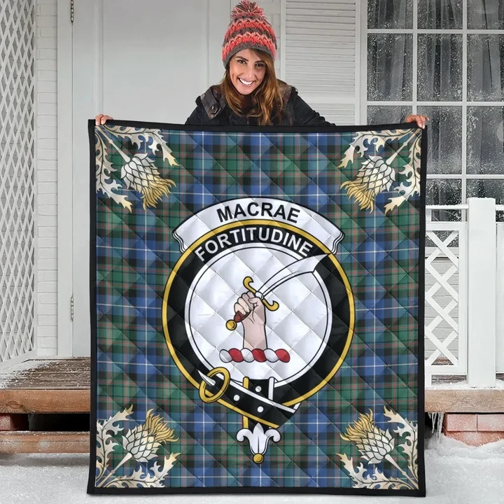 MacRae Hunting Ancient Clan Crest Tartan Scotland Thistle Gold Pattern Premium Quilt