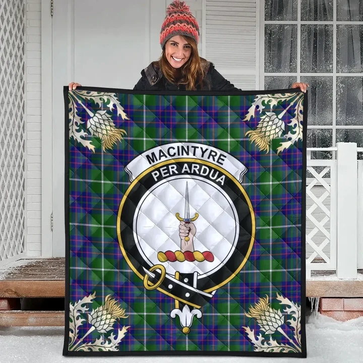 MacIntyre Hunting Modern Clan Crest Tartan Scotland Thistle Gold Pattern Premium Quilt
