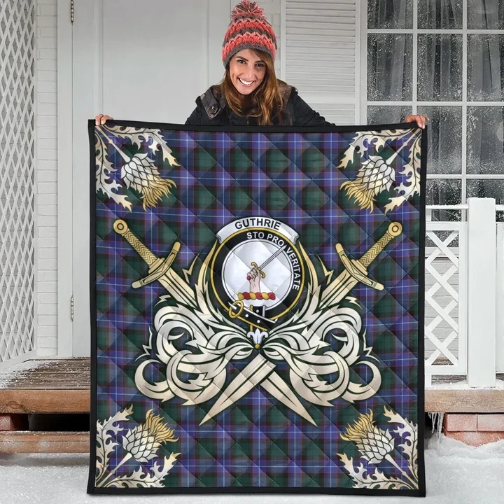 Guthrie Modern Clan Crest Tartan Scotland Thistle Symbol Gold Royal Premium Quilt