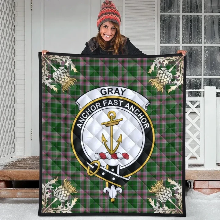 Gray Hunting Clan Crest Tartan Scotland Thistle Gold Pattern Premium Quilt