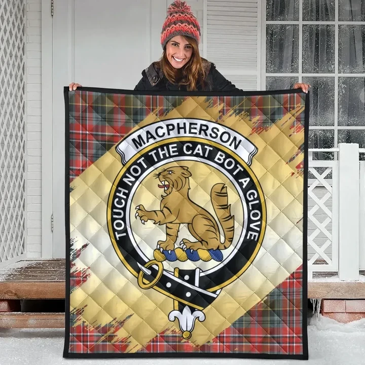 MacPherson Weathered Clan Crest Tartan Scotland Gold Royal Premium Quilt