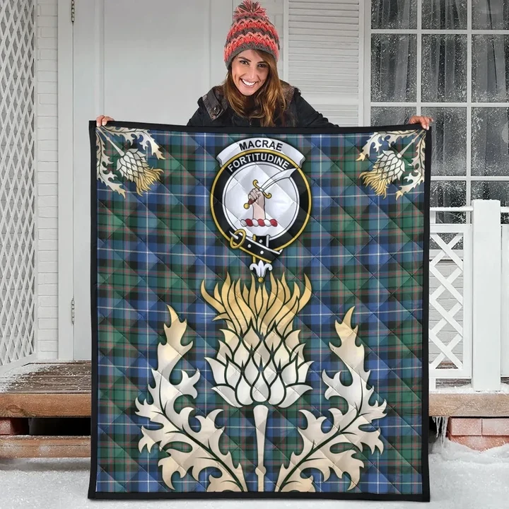 MacRae Hunting Ancient Clan Crest Tartan Scotland Thistle Gold Royal Premium Quilt