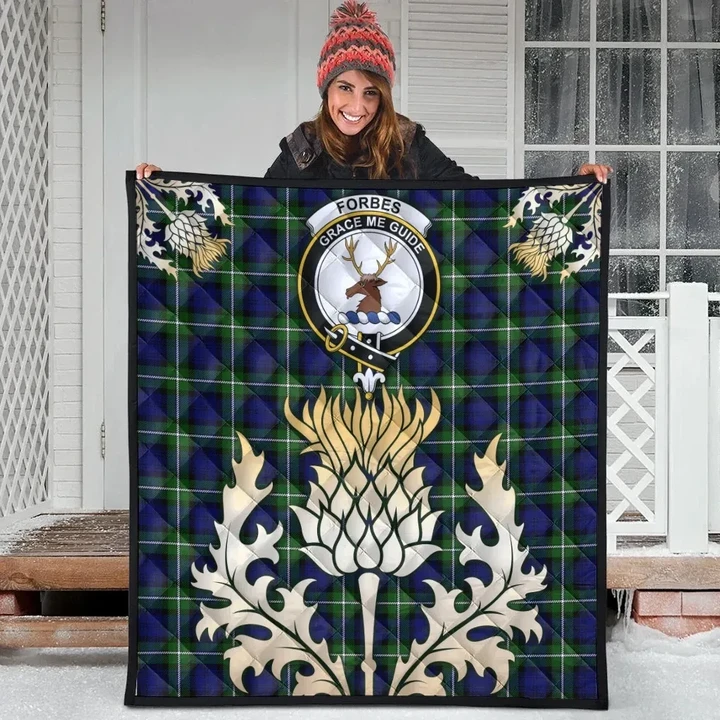 Forbes Modern Clan Crest Tartan Scotland Thistle Gold Royal Premium Quilt