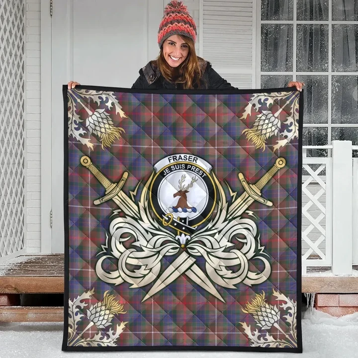 Fraser Hunting Modern Clan Crest Tartan Scotland Thistle Symbol Gold Royal Premium Quilt