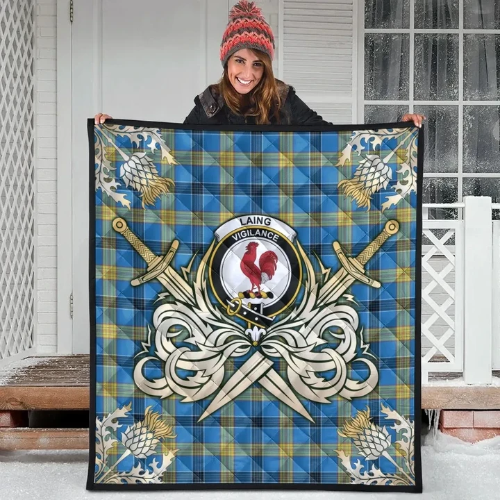 Laing Clan Crest Tartan Scotland Thistle Symbol Gold Royal Premium Quilt