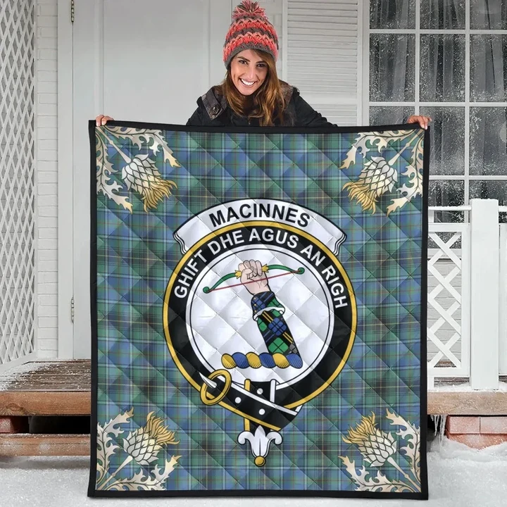 MacInnes Ancient Clan Crest Tartan Scotland Thistle Gold Pattern Premium Quilt