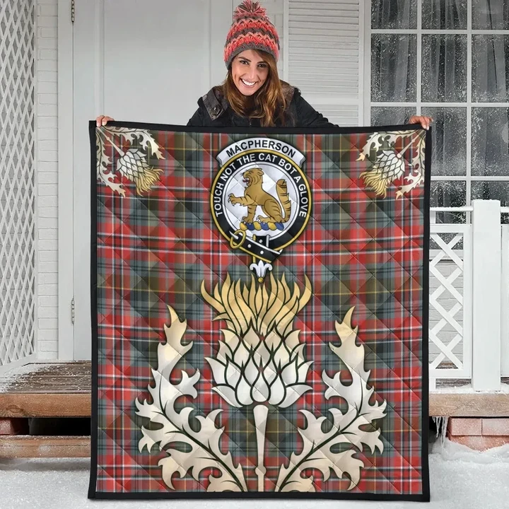 MacPherson Weathered Clan Crest Tartan Scotland Thistle Gold Royal Premium Quilt