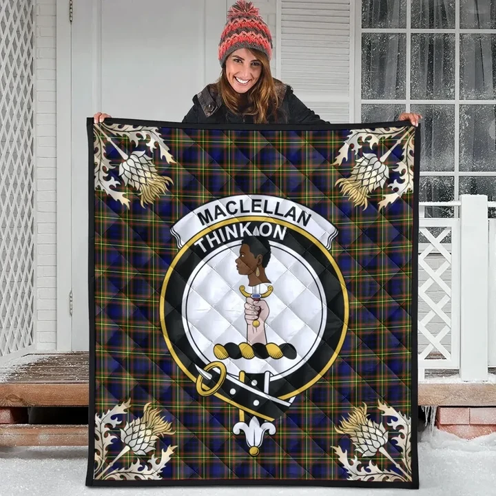 MacLellan Modern Clan Crest Tartan Scotland Thistle Gold Pattern Premium Quilt