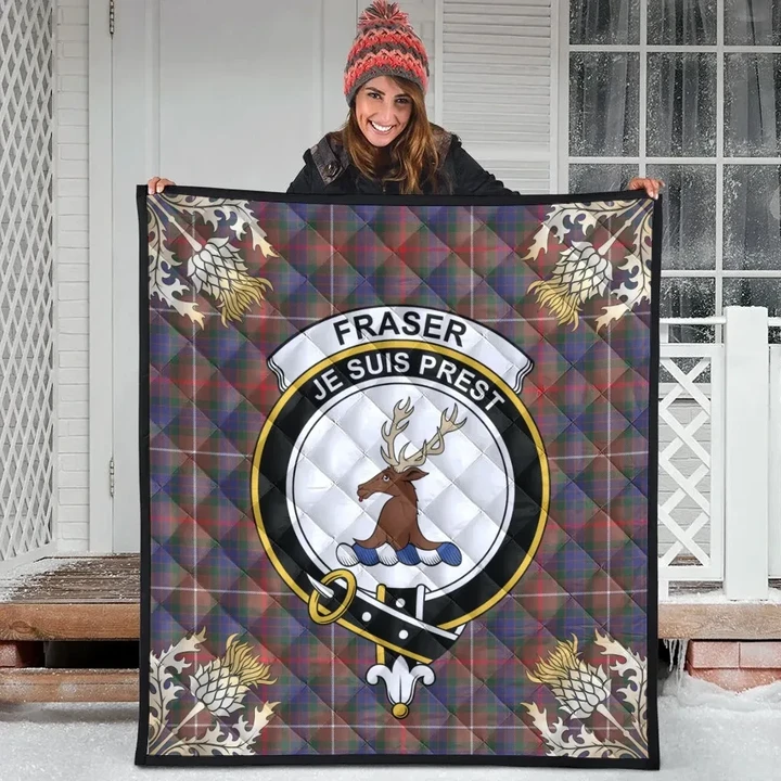 Fraser Hunting Modern Clan Crest Tartan Scotland Thistle Gold Pattern Premium Quilt