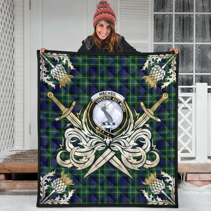 MacNeil of Colonsay Modern Clan Crest Tartan Scotland Thistle Symbol Gold Royal Premium Quilt