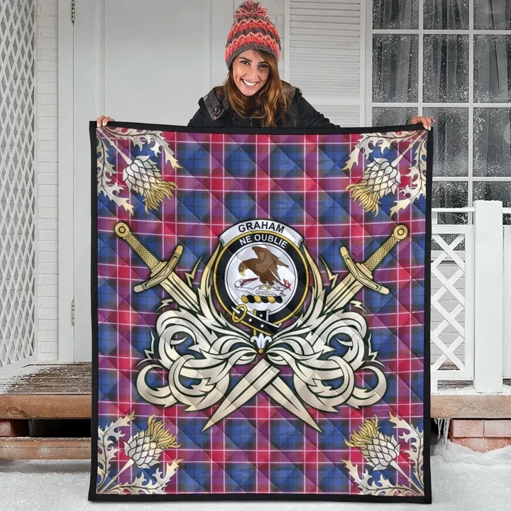 Graham of Menteith Red Clan Crest Tartan Scotland Thistle Symbol Gold Royal Premium Quilt