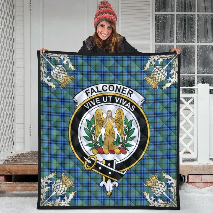 Falconer Clan Crest Tartan Scotland Thistle Gold Pattern Premium Quilt