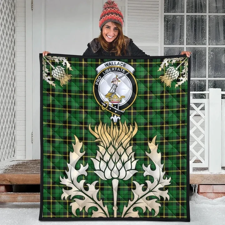 Wallace Hunting Green Clan Crest Tartan Scotland Thistle Gold Royal Premium Quilt