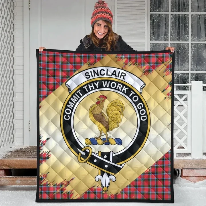 Sinclair Modern Clan Crest Tartan Scotland Gold Royal Premium Quilt