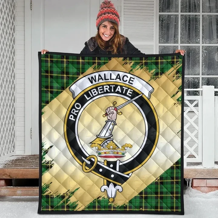 Wallace Hunting Green Clan Crest Tartan Scotland Gold Royal Premium Quilt