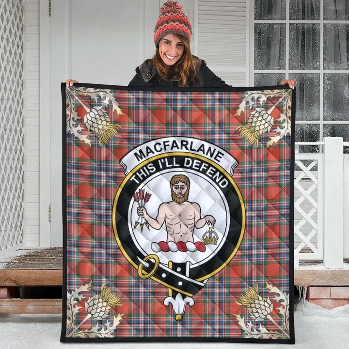 MacFarlane Ancient Clan Crest Tartan Scotland Thistle Gold Pattern Premium Quilt